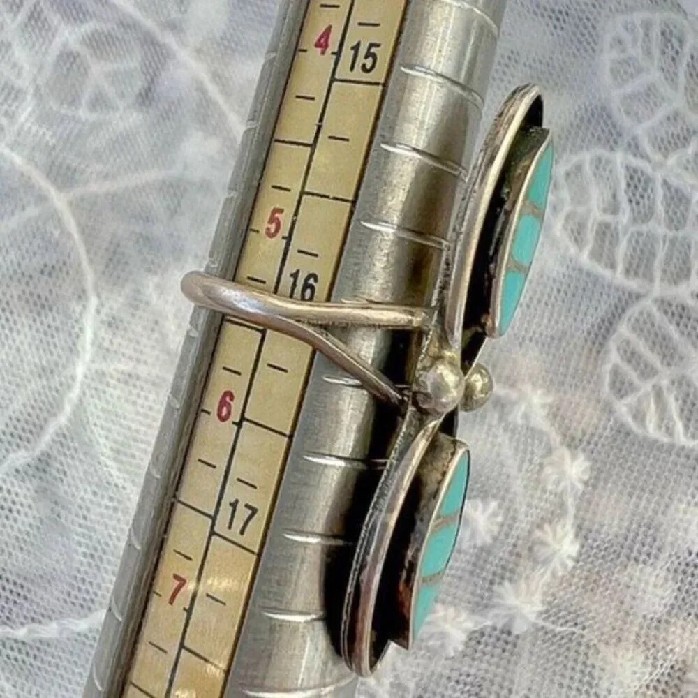 Vintage Native Turquoise Inlay Zuni Dishta Long Ring